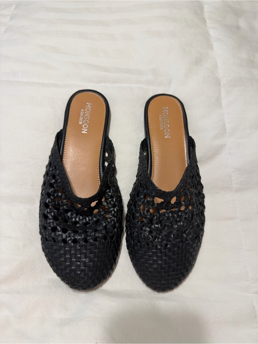 Monsoon Black Woven Slip-On Mules with Cutwork Upper